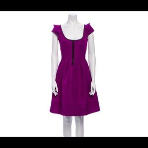 Prada Scoop Neck Button Front Cap Sleeve Purple and Black Fit and Flare Dress